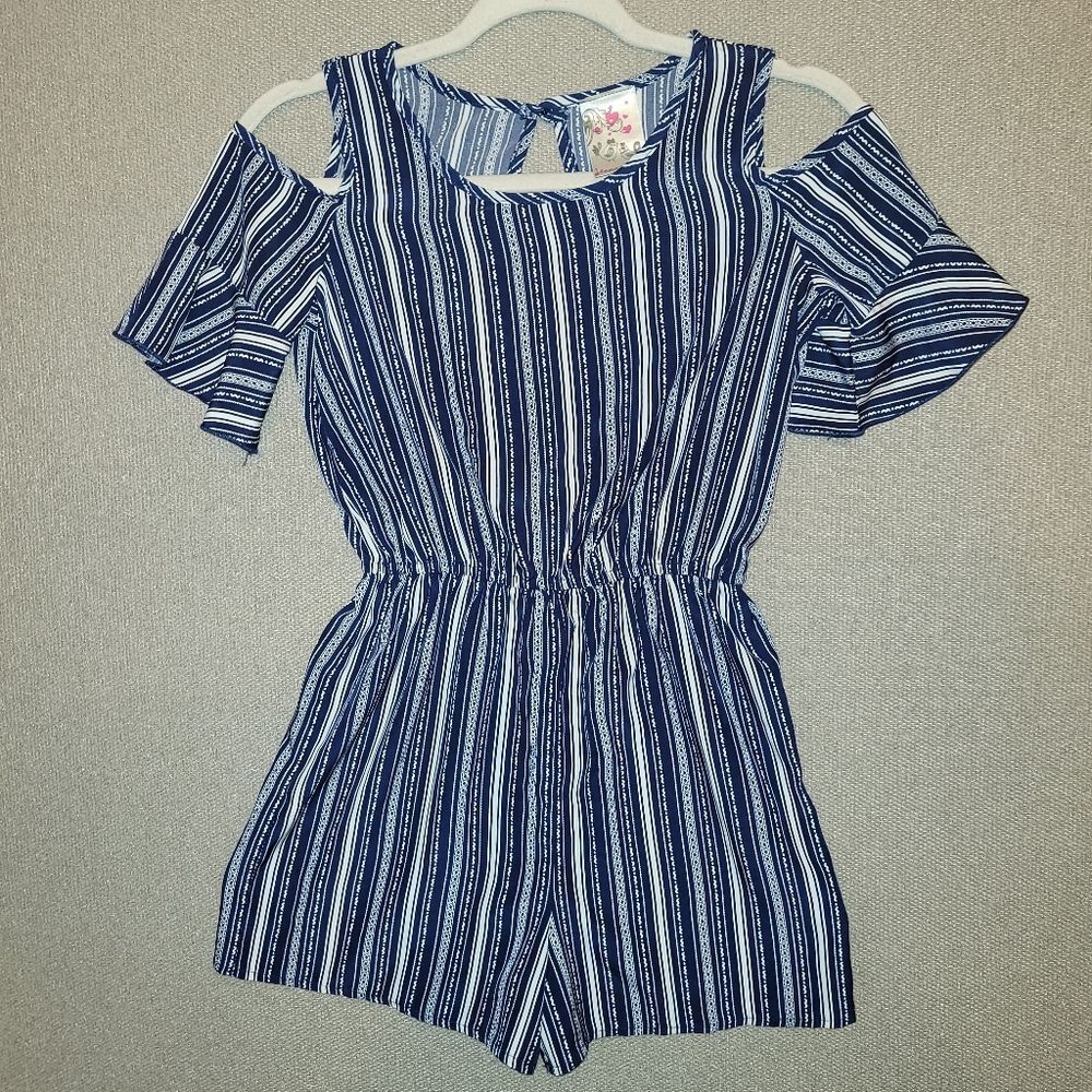 Jenna & Jessie Size 12 Navy Striped Cold Shoulder Kids Romper